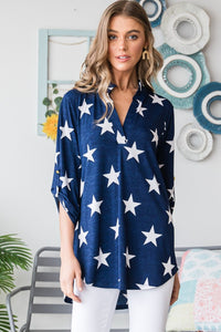 Heimish Full Size Roll-Tab Sleeve Star Print Top-Tops-Grace & Blossom Boutique, a women's online fashion boutique located in Odessa, Florida