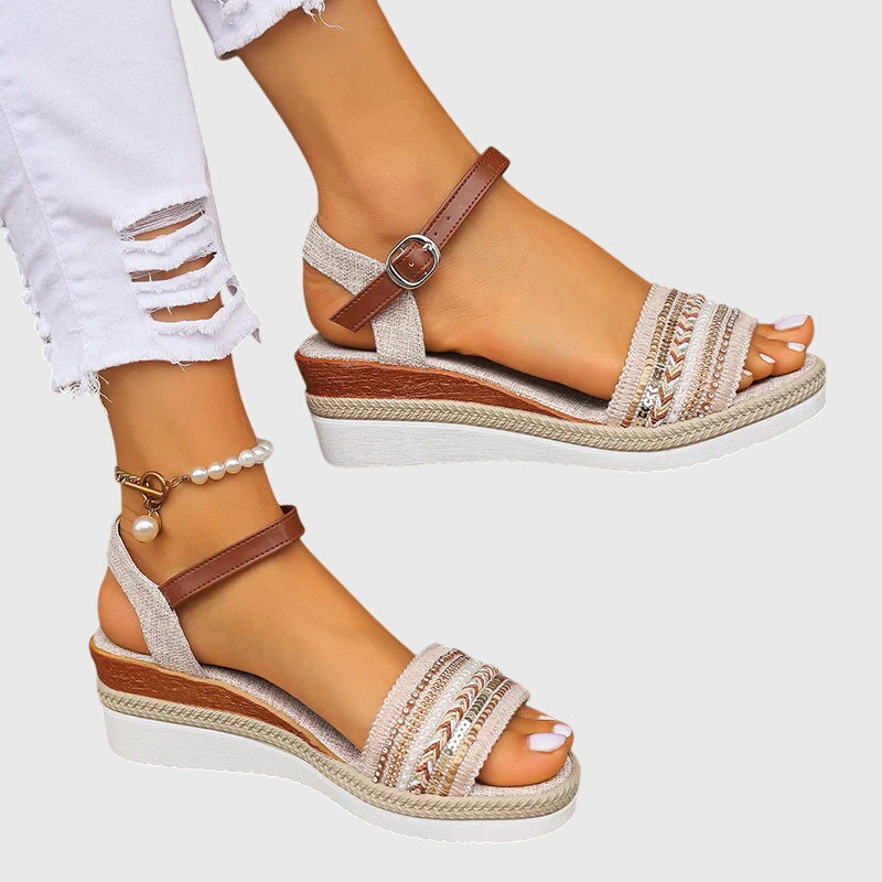 Simone | White Brown Embroidered Ankle Strap Espadrille Wedge Sandals