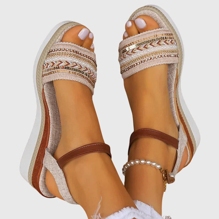 Simone | White Brown Embroidered Ankle Strap Espadrille Wedge Sandals