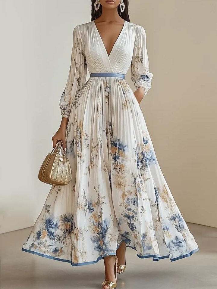 Celestine | White Floral Chiffon Pleated V Neck Balloon Sleeve A-Line Maxi Dress
