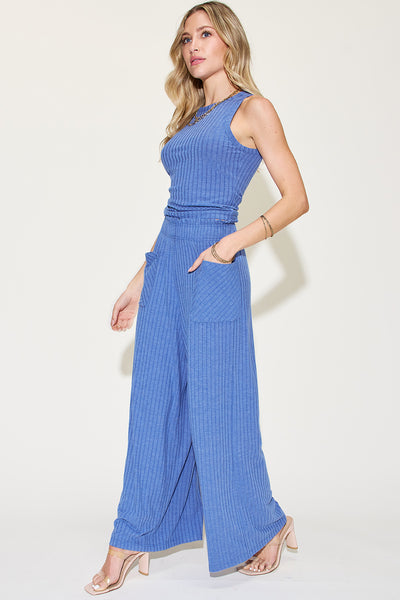 Basic Bae Full Size Ribbed Tank and Wide Leg Pants Set-Two Piece Sets-Grace & Blossom Boutique, a women's online fashion boutique located in Odessa, Florida