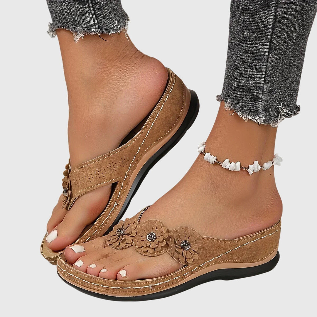 Lena | Flower Detail Toe Post Wedge Flip Flops