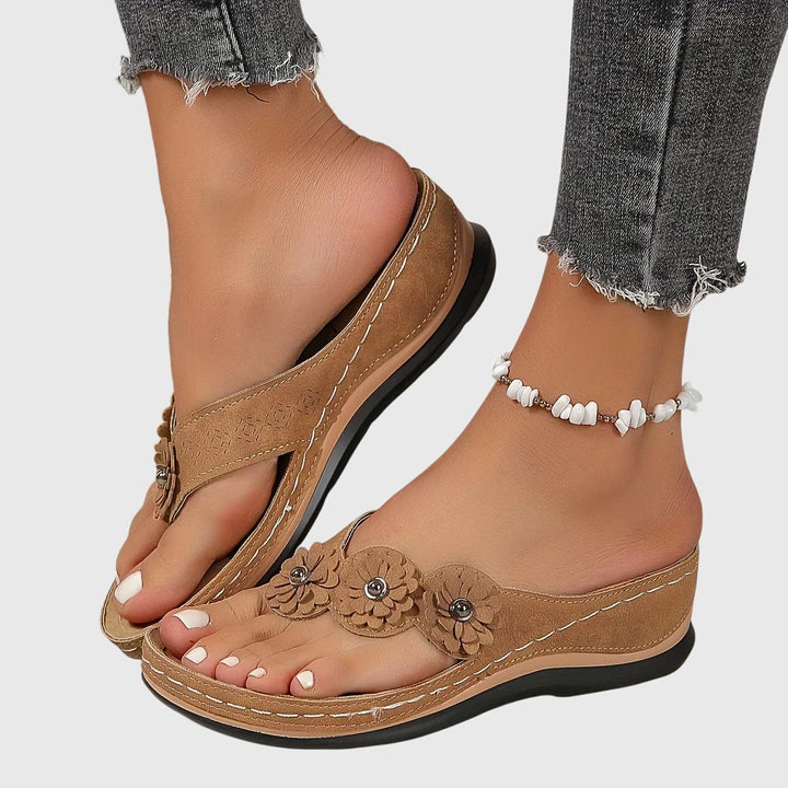 Lena | Flower Detail Toe Post Wedge Flip Flops