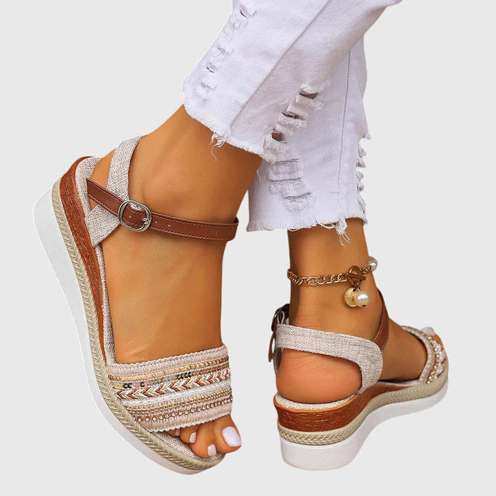 Simone | White Brown Embroidered Ankle Strap Espadrille Wedge Sandals