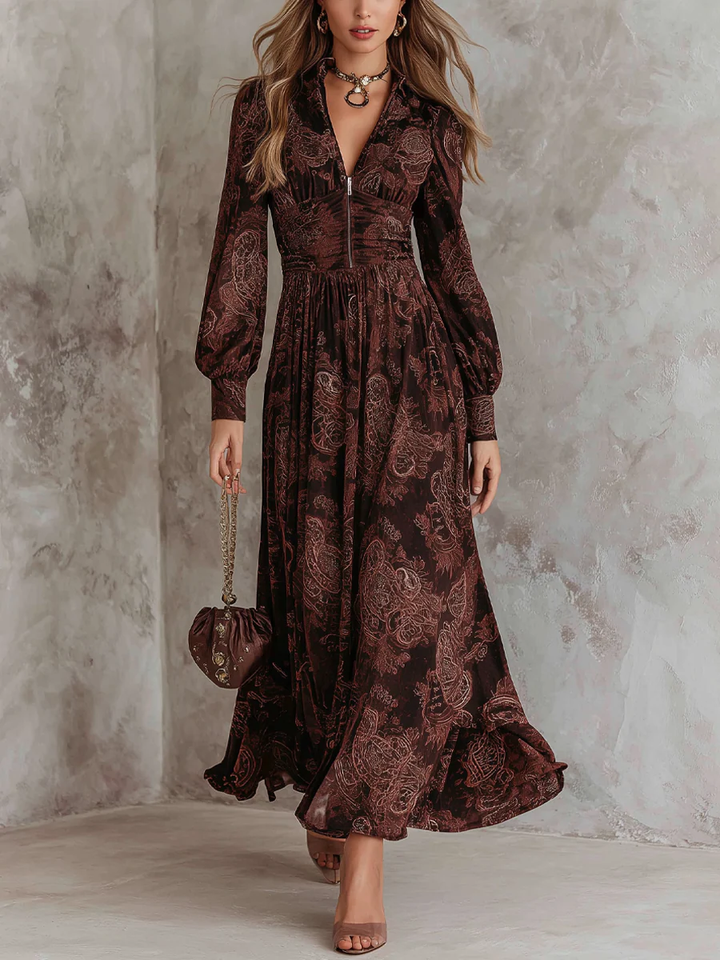 Sophia | Brown Paisley Zip Front Long Sleeve Maxi Dress