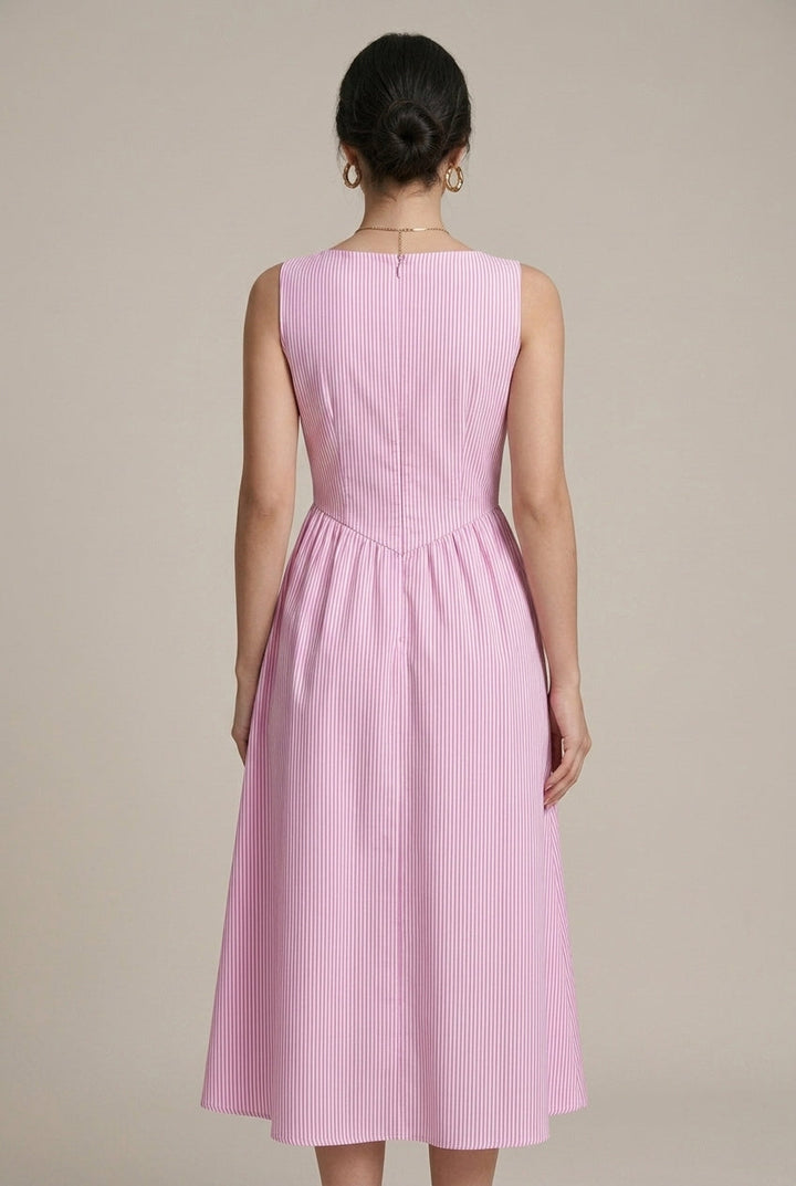Elegant A Line Midi Dress for Women with Round Neck Sleeveless Pleated Flowy Formal Wedding Guest Style