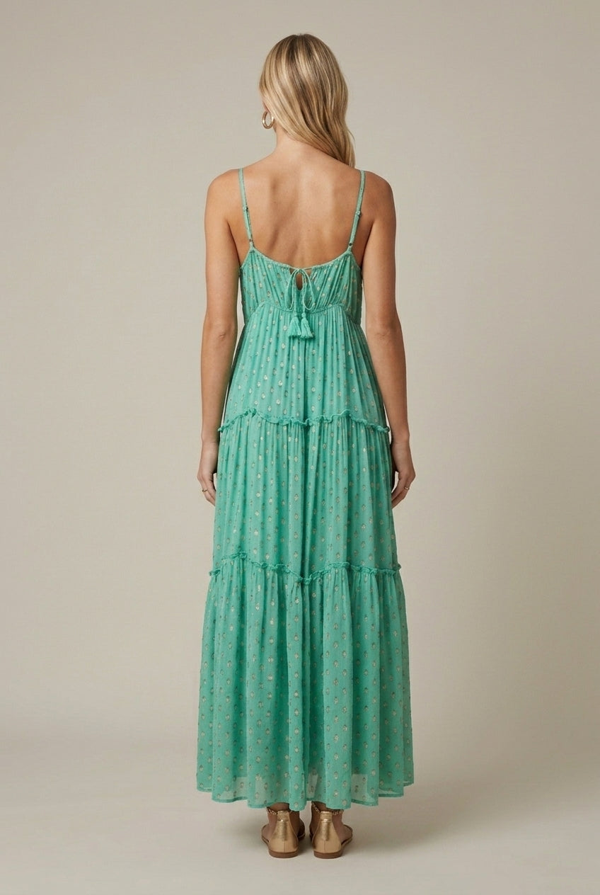 Elegant Teal Green Maxi Dress for Women with V-Neck Spaghetti Strap Smocked Tiered Style