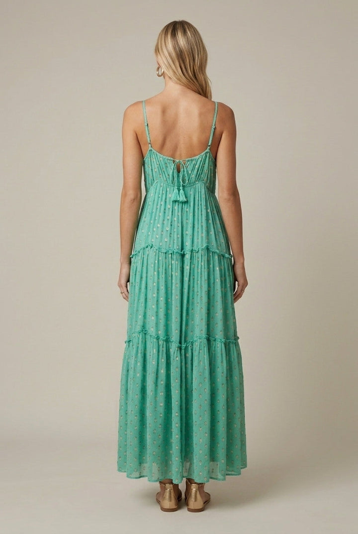 Elegant Teal Green Maxi Dress for Women with V-Neck Spaghetti Strap Smocked Tiered Style