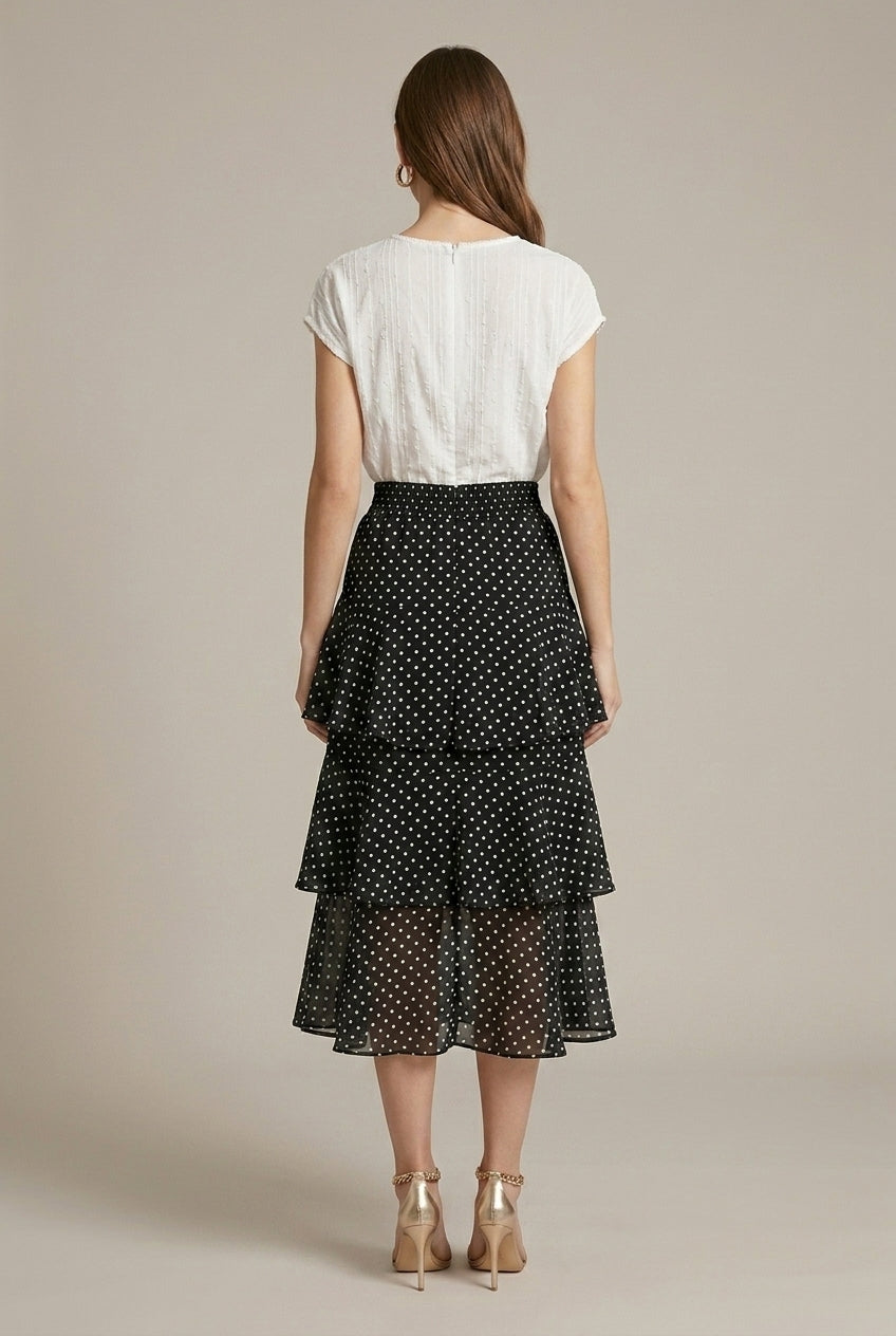Effortless Polka Dot Midi Skirt for Women with High Waist Ruffle Tiered Flowy Style