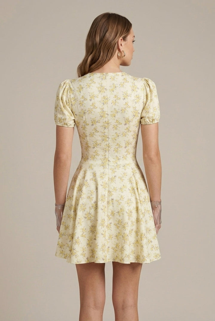 Effortless Yellow Floral Mini Dress for Women with V-Neck Short Sleeve Pleated Flowy Style