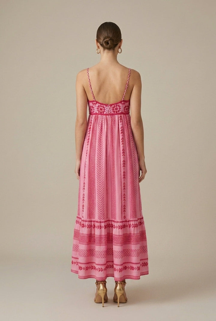 Elegant Pink Maxi Dress for Women with Sweetheart Neck Empire Waist Tiered Flowy Style