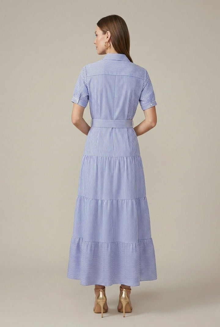 Effortless Striped Shirt Maxi Dress for Women with Collared Neck Short Sleeve Belted Waist Flowy Style