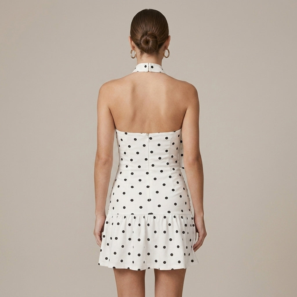 Effortless White Polka Dot Mini Dress for Women with Halter Neck Sleeveless Flowy Style