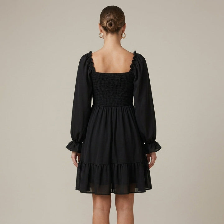 Elegant Smocked Mini Dress for Women with Square Neck Puff Sleeve Tiered Flowy Style