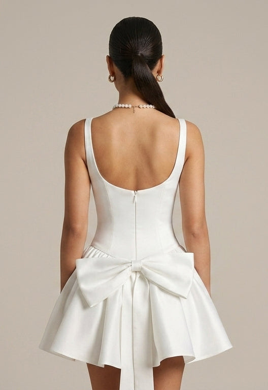 Elegant White Mini Dress for Women with Scoop Neck Sleeveless Drop Waist Flowy Cocktail Style