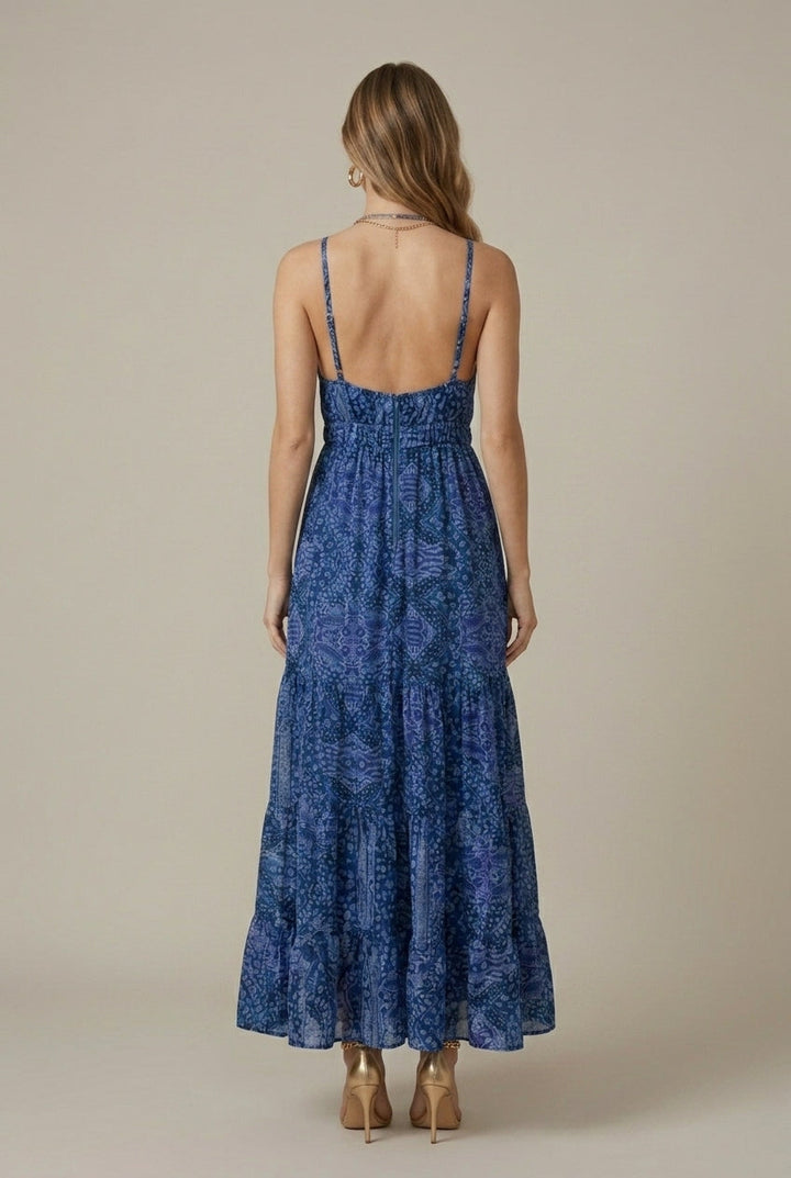 Effortless Printed Maxi Dress for Women with Halter Neck Tiered Flowy Boho Style