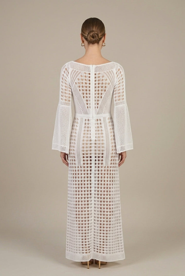 Effortless Crochet Maxi Dress for Women with Boat Neck Long Sleeve Side Slit Flowy Boho Style