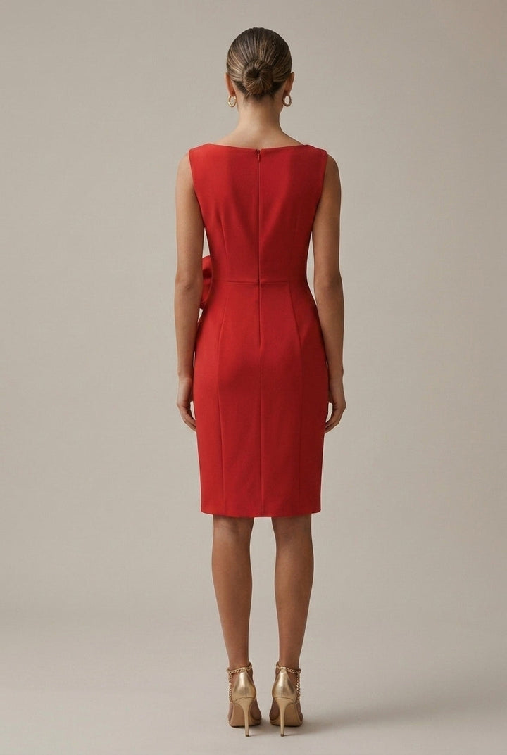 Elegant Satin Midi Dress for Women with Round Neck Sleeveless Bow Detail Formal Wedding Guest Style