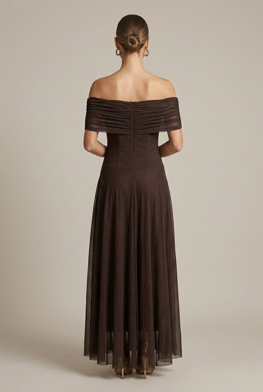 Elegant Brown Tulle Maxi Dress for Women with Off Shoulder Smocked Flowy Formal Wedding Guest Style