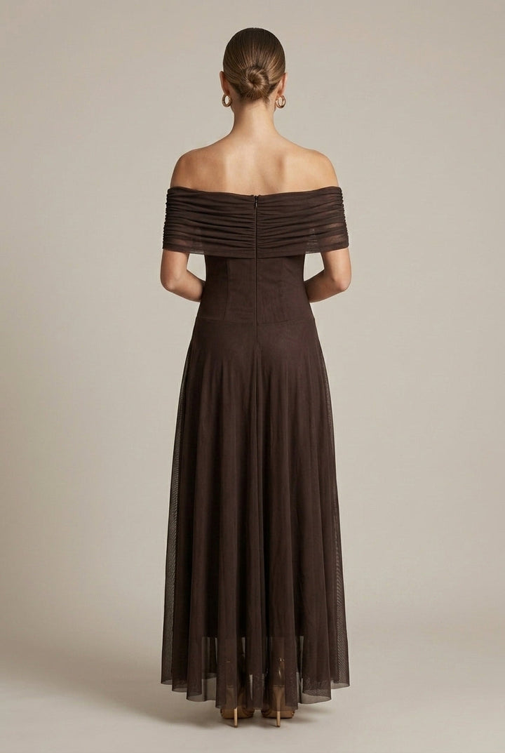 Elegant Brown Tulle Maxi Dress for Women with Off Shoulder Smocked Flowy Formal Wedding Guest Style