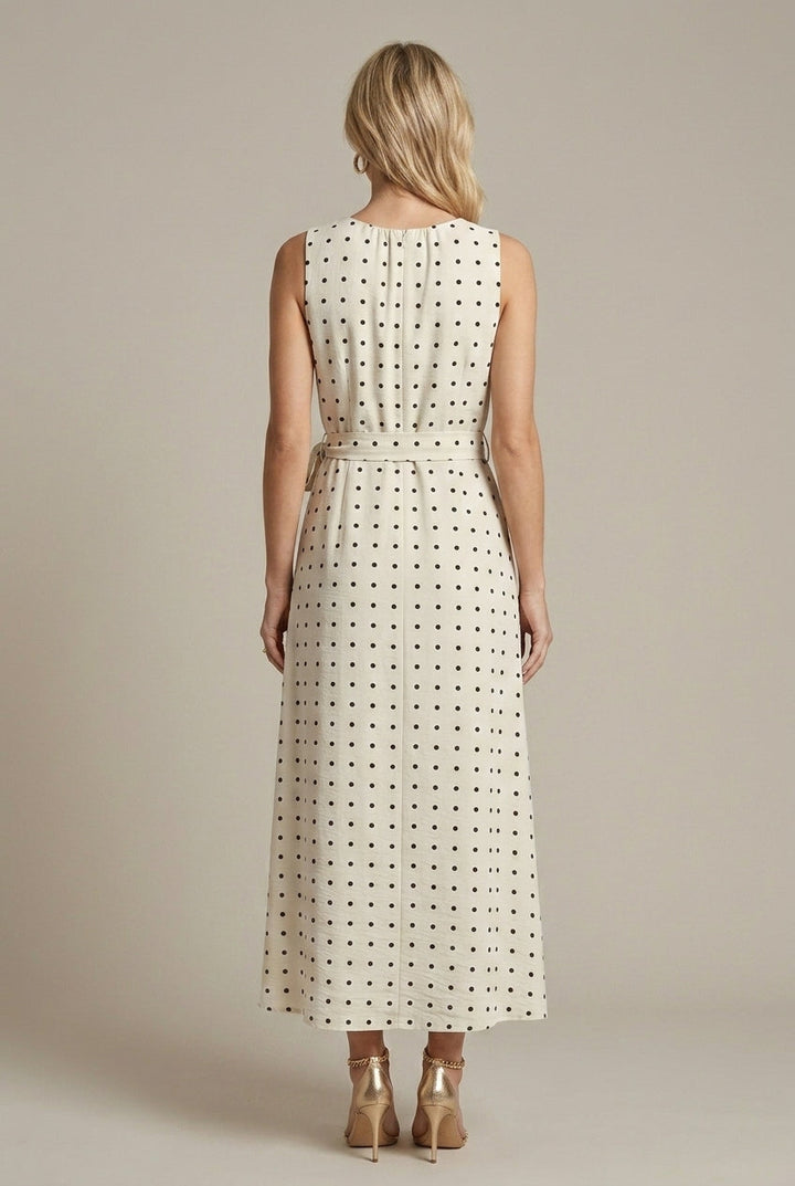 Elegant Polka Dot Maxi Dress for Women with Round Neck Sleeveless Tie Waist High Low Style