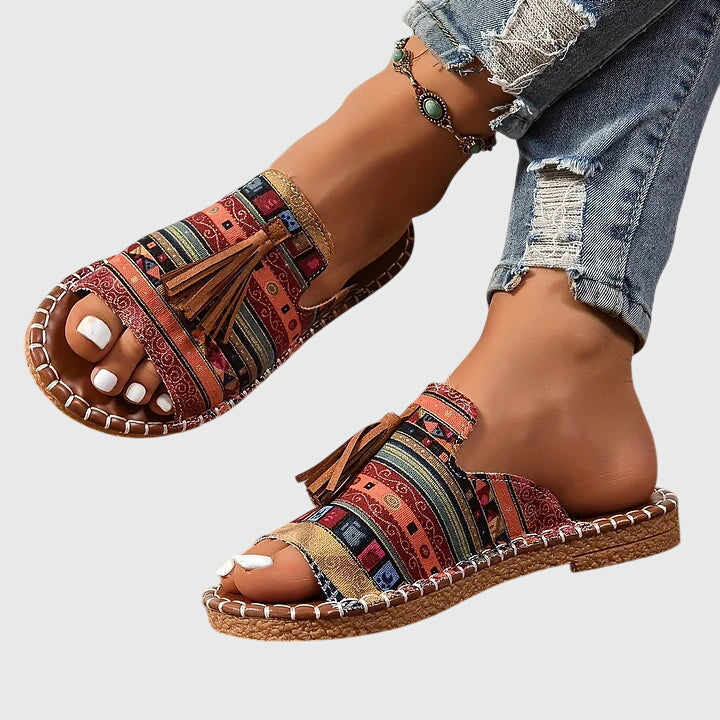 Yara | Ethnic Print Tassel Flat Open Toe Sandals