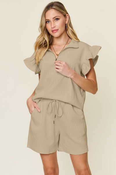 Double Take Full Size Texture Flounce Sleeve Top and Drawstring Shorts Set-Tops-Grace & Blossom Boutique, a women's online fashion boutique located in Odessa, Florida