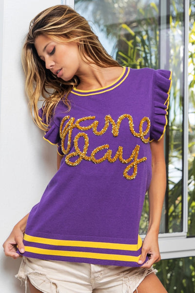 BiBi Game Day Letter Contrast Trim Ruffled Sleeveless Sweater-Tops-Grace & Blossom Boutique, a women's online fashion boutique located in Odessa, Florida