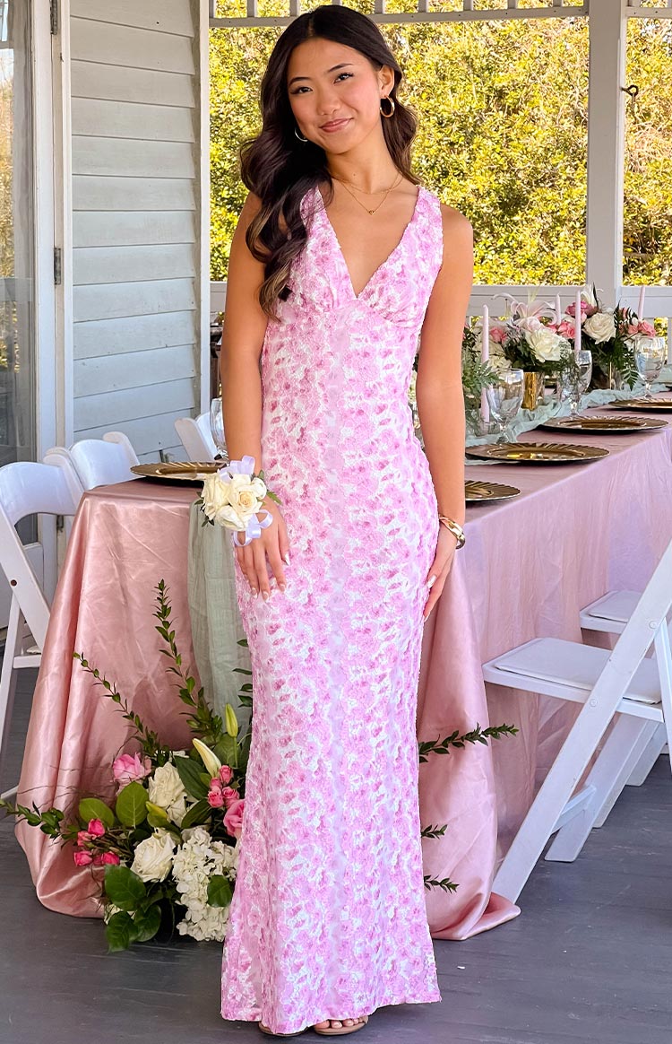 Stella | Pink Floral Lace V Neck Sleeveless Mermaid Maxi Dress