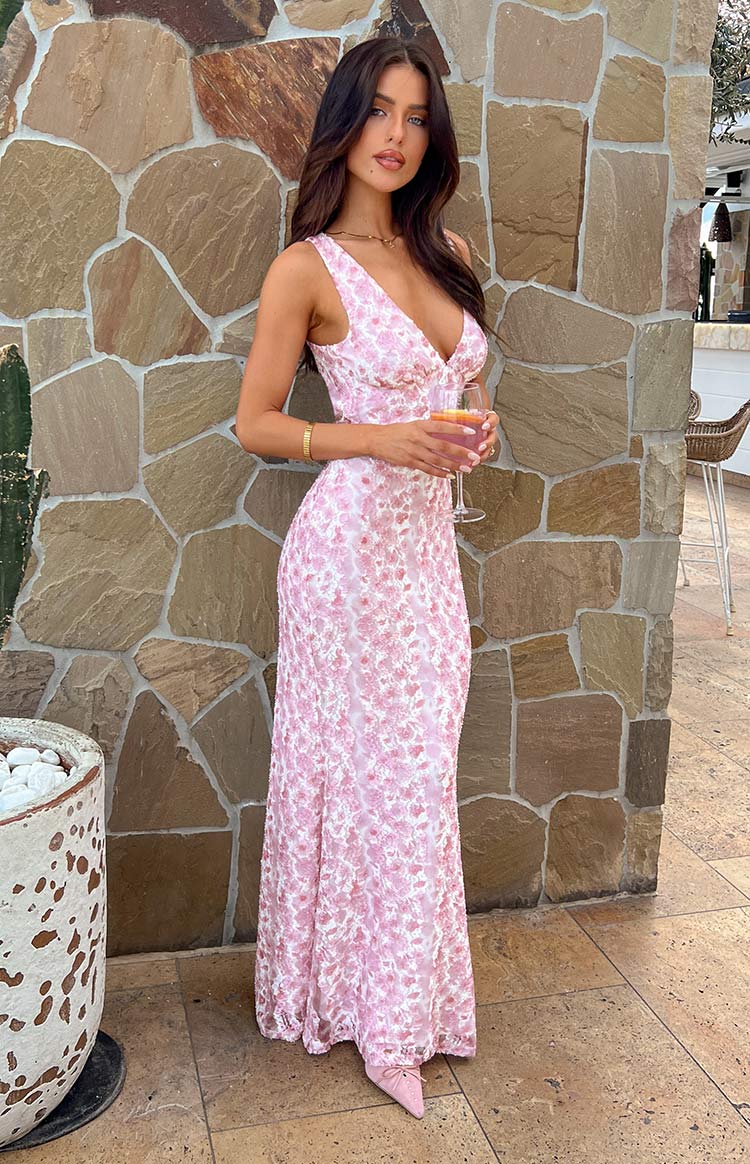 Stella | Pink Floral Lace V Neck Sleeveless Mermaid Maxi Dress