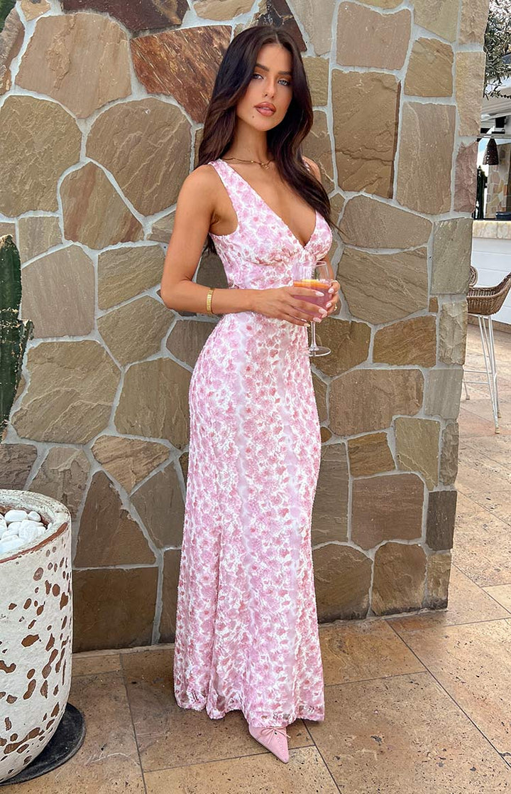 Stella | Pink Floral Lace V Neck Sleeveless Mermaid Maxi Dress