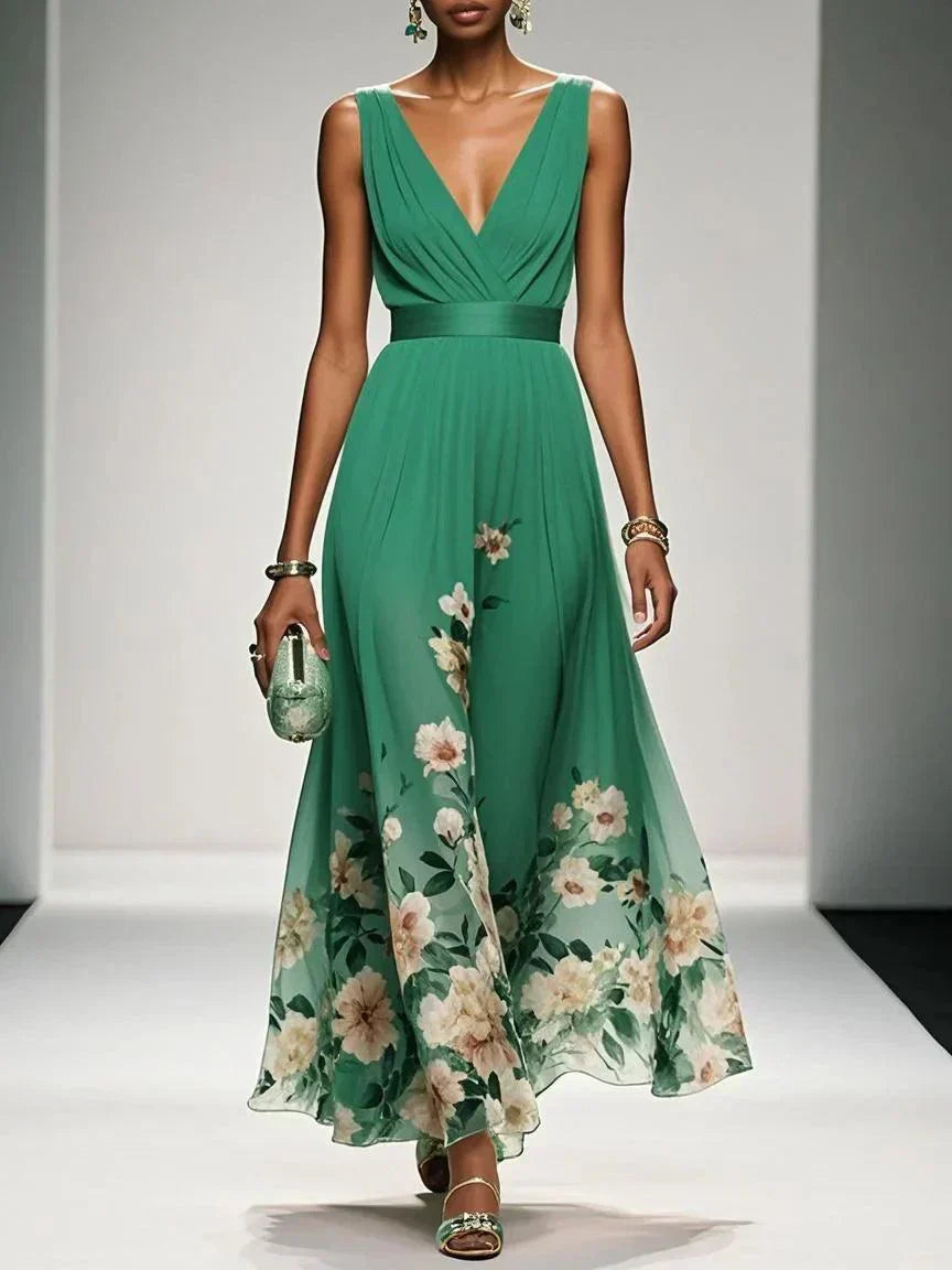 Zelda | Floral Print Deep V Neck Sleeveless A Line Formal Wedding Guest Maxi Dress