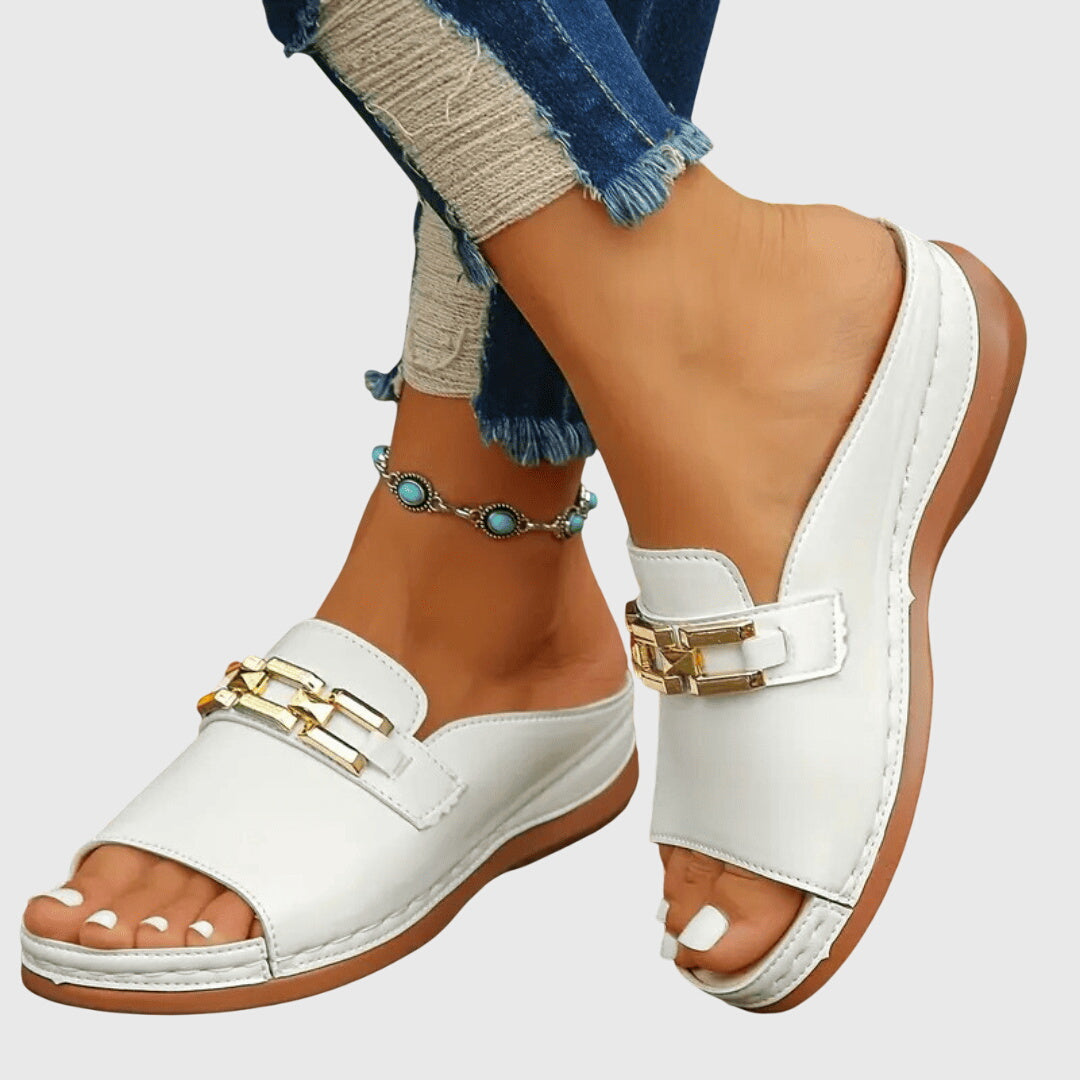 Ingrid | Gold Hardware Wide Band Suede Slip On Mules