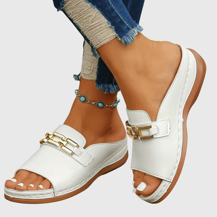 Ingrid | Gold Hardware Wide Band Suede Slip On Mules