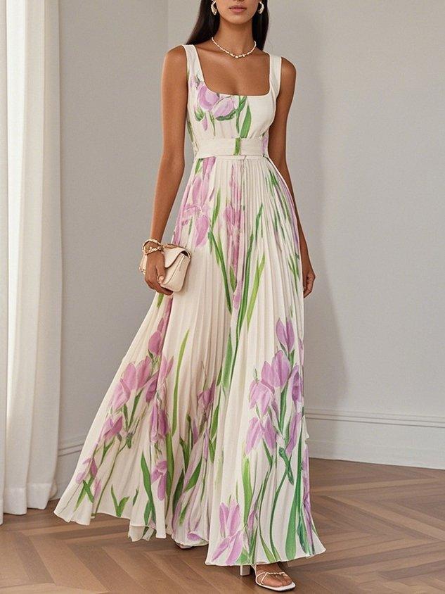 Ophelia | Floral Chiffon Square Neck Pleated Sleeveless A-Line Maxi Dress