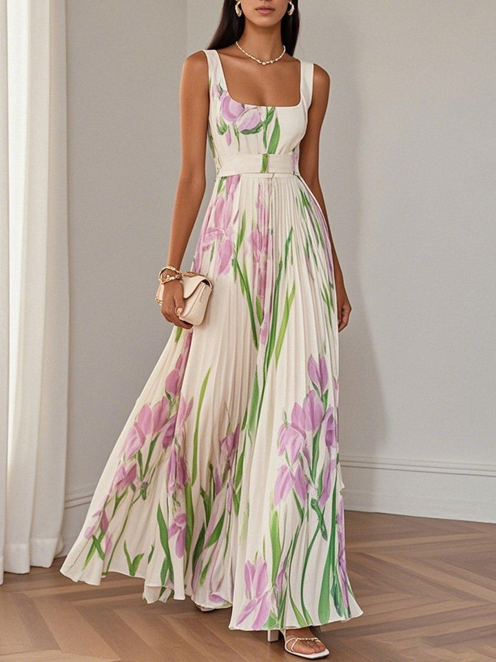 Ophelia | Floral Chiffon Square Neck Pleated Sleeveless A-Line Maxi Dress