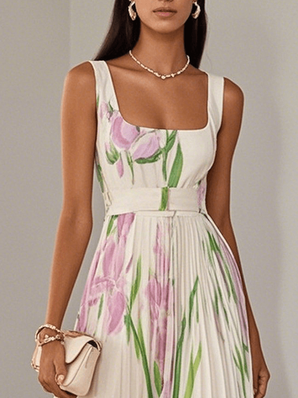 Ophelia | Floral Chiffon Square Neck Pleated Sleeveless A-Line Maxi Dress