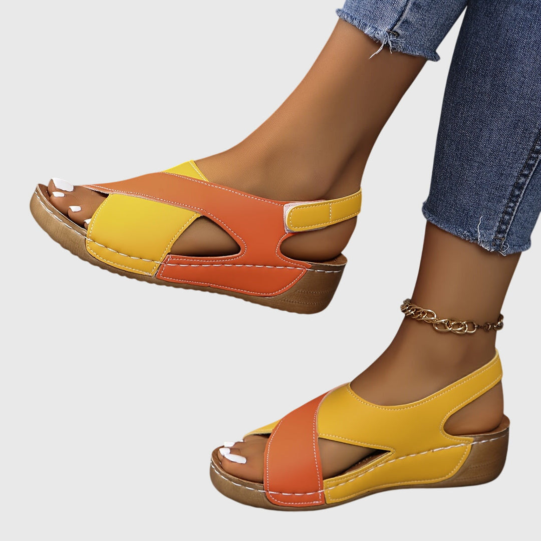 Viveca | Colorblock Cross Strap Toe Post Wedge Sandals