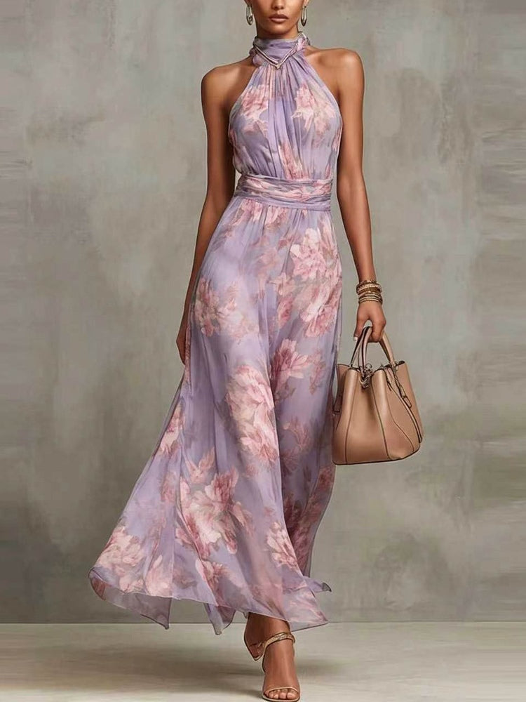 Thea | Chiffon Floral Halter Neck Belted Sleeveless Maxi Dress