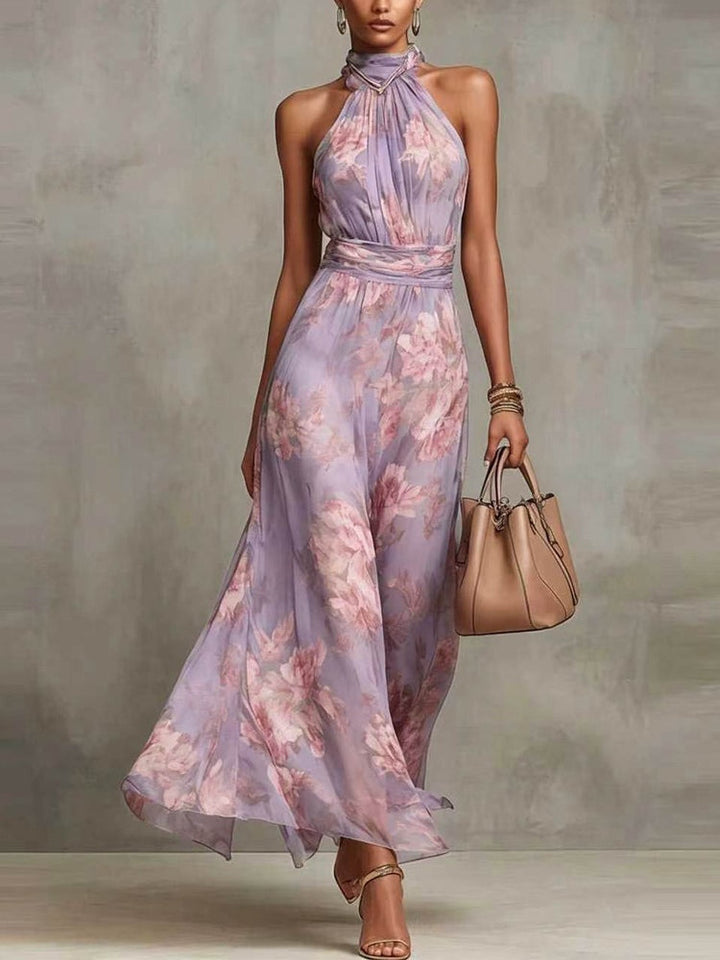 Thea | Chiffon Floral Halter Neck Belted Sleeveless Maxi Dress