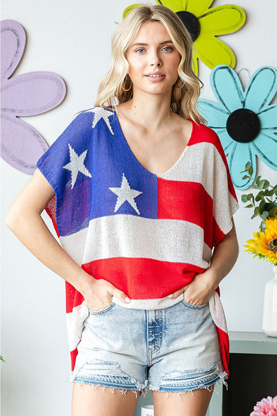 First Love Full Size USA Flag Drop Shoulder Knit Top-Tops-Grace & Blossom Boutique, a women's online fashion boutique located in Odessa, Florida