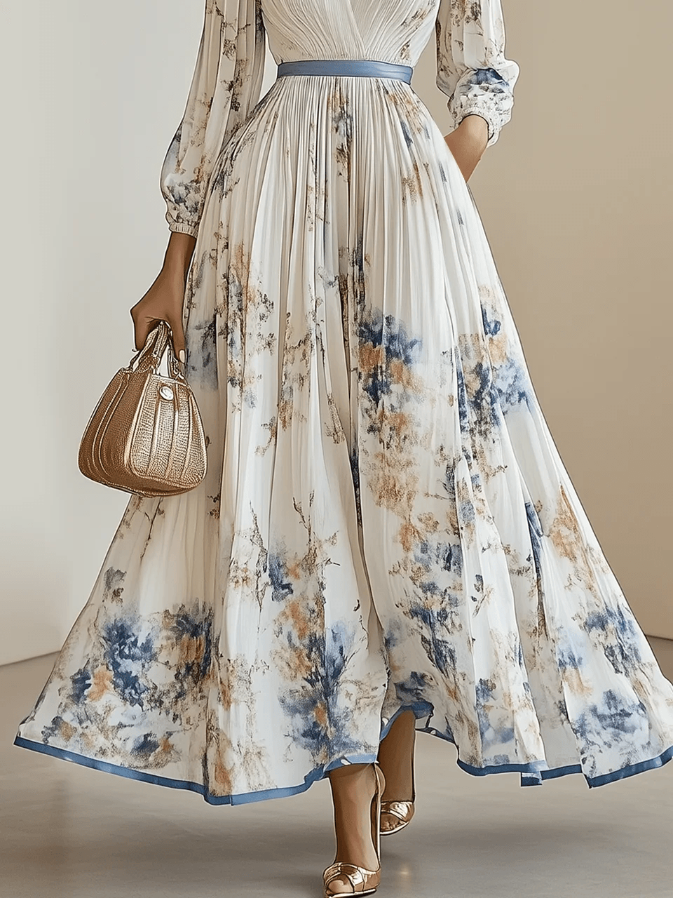 Celestine | White Floral Chiffon Pleated V Neck Balloon Sleeve A-Line Maxi Dress