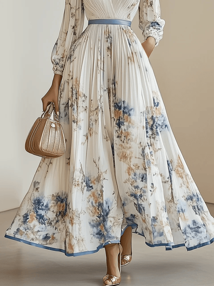 Celestine | White Floral Chiffon Pleated V Neck Balloon Sleeve A-Line Maxi Dress