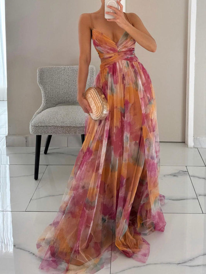 Lauren | Floral Print V Neck Crossover Waist A Line Maxi Dress