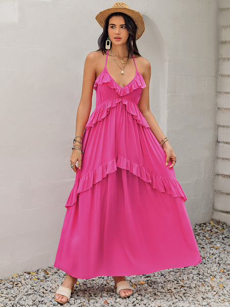 Ruffled Halter Neck Sleeveless Maxi Dress-Dresses-Grace & Blossom Boutique, a women's online fashion boutique located in Odessa, Florida