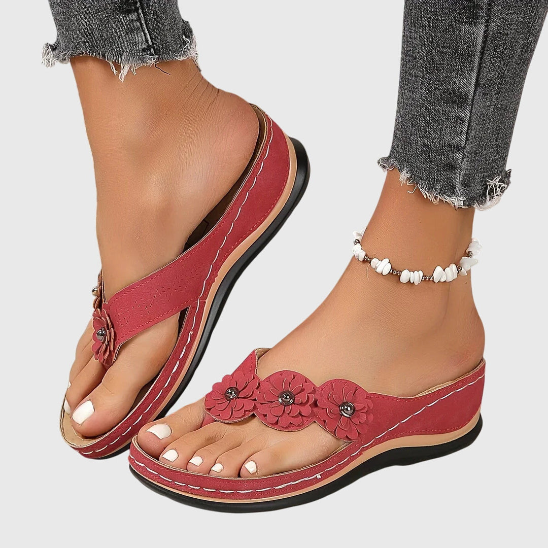 Lena | Flower Detail Toe Post Wedge Flip Flops