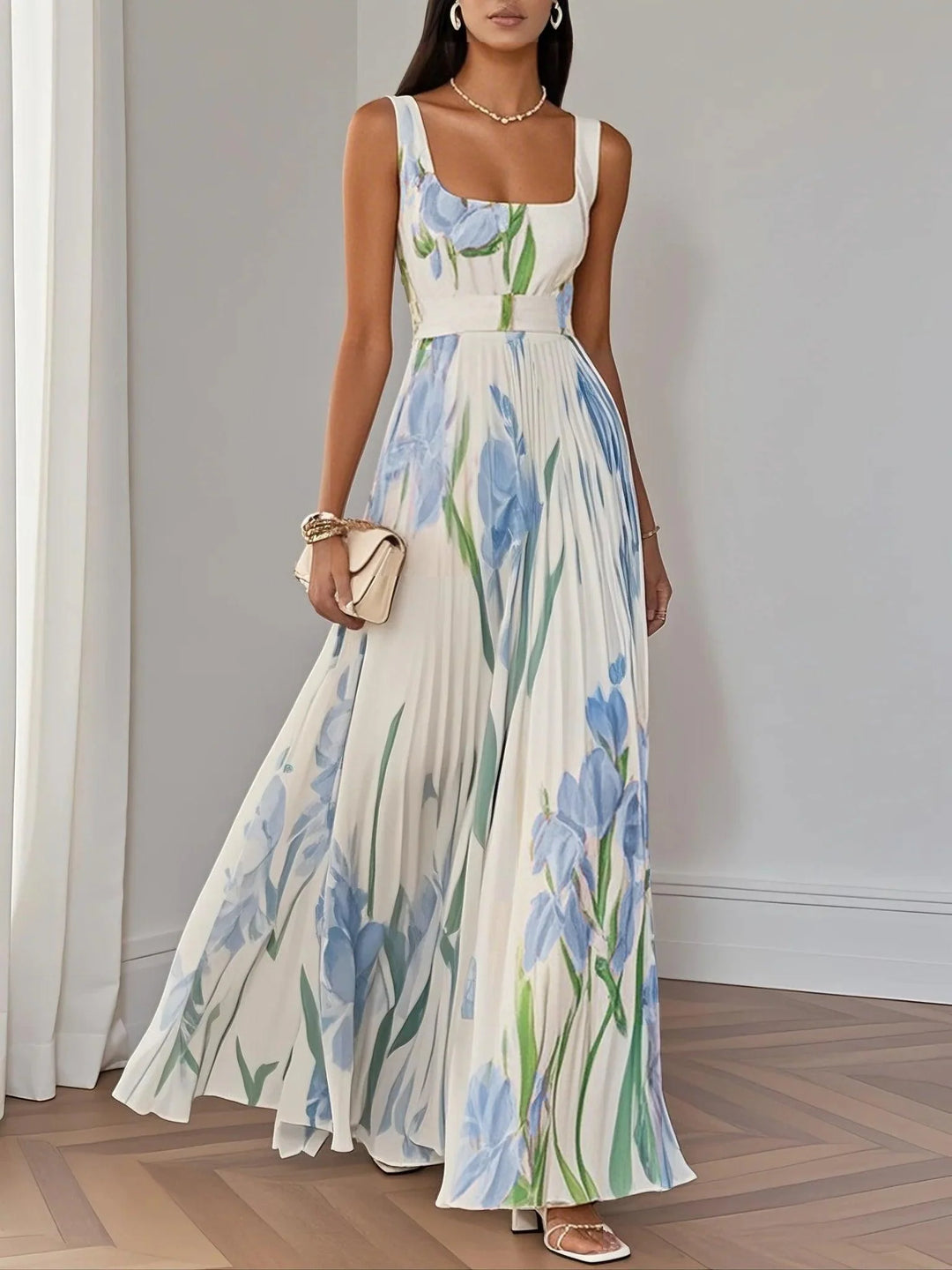 Ophelia | Floral Chiffon Square Neck Pleated Sleeveless A-Line Maxi Dress