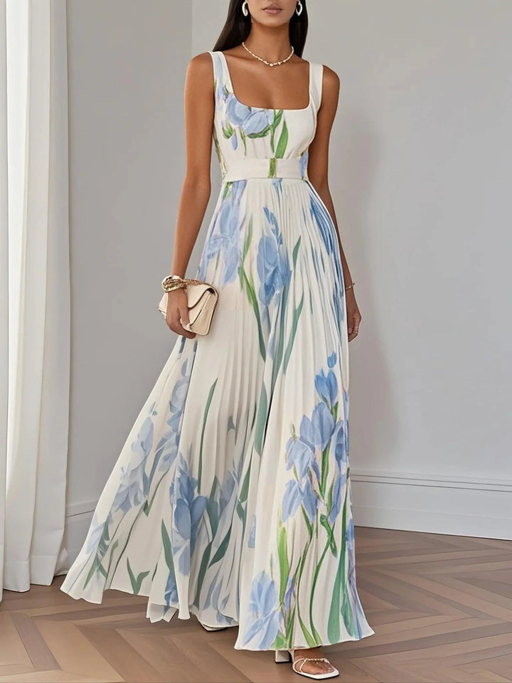 Ophelia | Floral Chiffon Square Neck Pleated Sleeveless A-Line Maxi Dress