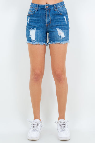 American Bazi High Waist Distressed Frayed Denim Shorts-Bottoms-Grace & Blossom Boutique, a women's online fashion boutique located in Odessa, Florida