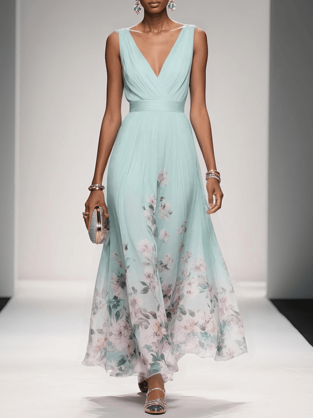 Zelda | Floral Print Deep V Neck Sleeveless A Line Formal Wedding Guest Maxi Dress